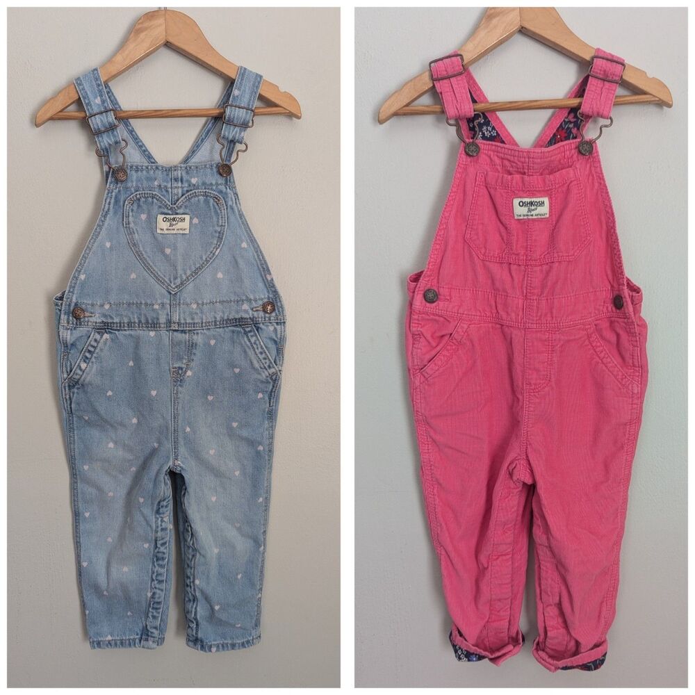 Oshkosh B'Gosh Overalls Lot of 2 Girls 18-24 Mo Pink Corduroy Denim Heart Print